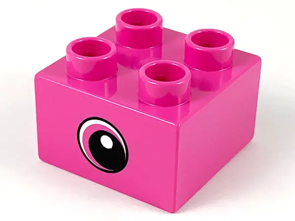 Dark Pink Duplo, Brick 2 x 2 with Circled Black Eye Small with Crescent and White Pupil Pattern on B