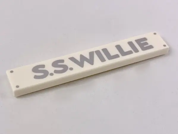 White Tile 1 x 6 with 4 Silver Nails and 'S.S.WILLIE' Pattern