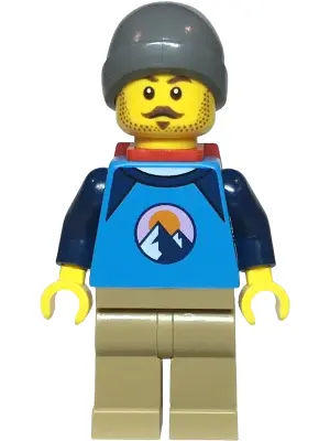 Hiker - Male, Dark Azure and Dark Blue Shirt with Mountains, Dark Tan Legs, Dark Bluish Gray Beanie,