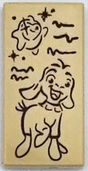 Tan Tile 1 x 2 with Reddish Brown Lamb / Goat, Wish Star, Dots, Sparkles, and Scribbles Pattern