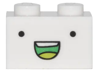 White Brick 1 x 2 with Black Dot Eyes and Open Mouth Smile with Teeth and Lime Tongue Pattern (Adven