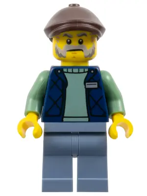 Corner Kiosk Vendor - Male, Dark Blue Bodywarmer over Sand Green Sweater, Sand Blue Legs, Dark Brown