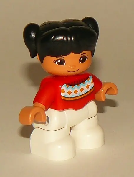 Duplo Figure Lego Ville, Child Girl, White Legs, Red Fair Isle Sweater with Orange Diamonds, Brown O