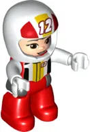 Duplo Figure Lego Ville, Female, Red Legs, White Race Top and Helmet with Number 12 Pattern (6345401