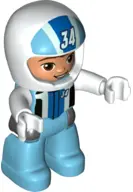 Duplo Figure Lego Ville, Male, Medium Azure Legs, White Race Top and Helmet with Number 34 Pattern (