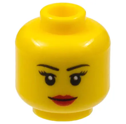 Yellow Minifigure, Head Female Black Thin Eyebrows, Eyelashes, Red Lips, Grin Pattern
