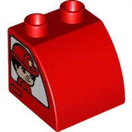 Red Duplo, Brick 2 x 2 x 1 1/2 Slope Curved with Fireman Girl on One Side and Fireman Boy on Other S