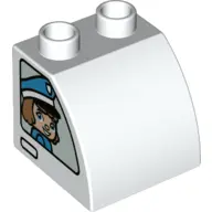 White Duplo, Brick 2 x 2 x 1 1/2 Slope Curved with Policeman Boy on One Side and Policeman Girl on O