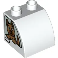 White Duplo, Brick 2 x 2 x 1 1/2 Slope Curved with Prisoner on One Side and Dog on Other Side Patter