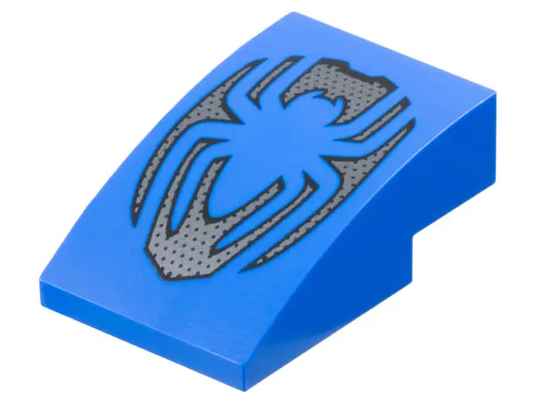 Blue Slope, Curved 3 x 2 with Silver Diamond Plate and Outlining Spider Pattern