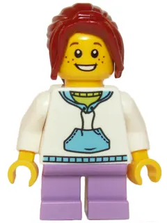 Child - Girl, White Hoodie with Medium Blue Pocket, Medium Lavender Short Legs, Dark Red Ponytail, F