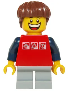Red Shirt with 3 Silver Logos, Dark Blue Arms, Light Bluish Gray Short Legs, Reddish Brown Hair