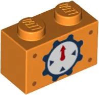Orange Brick 1 x 2 with Red Pointer, Dark Blue Cog and Triangles Pattern