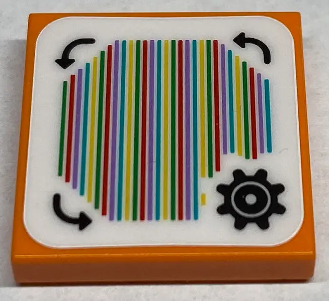 Orange Tile 2 x 2 with Super Mario Scanner Code Customization Time Block, Gear and Curved Arrows, Zi