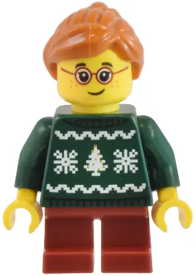 Child - Girl, Dark Green Holiday Sweater, Dark Red Short Legs, Dark Orange Hair