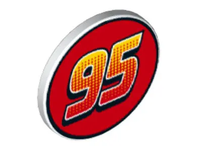 White Road Sign 2 x 2 Round with Clip with Yellow and Red '95' on Red Background Pattern