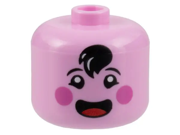 Bright Pink Minifigure, Head, Modified Giant Black Eyebrows and Hair Tuft, Dark Pink Circles on Chee