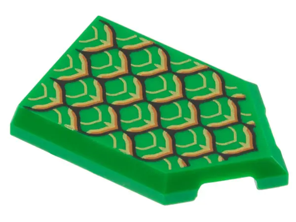 Green Tile, Modified 2 x 3 Pentagonal with Gold, Black and Dark Orange Dragon Scales Pattern