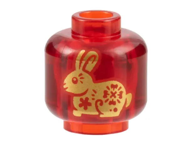 Trans-Red Minifigure, Head without Face with Gold Rabbit Pattern on Both Sides