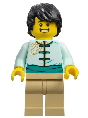 Lunar New Year Parade Participant - Male, Light Aqua Tang Jacket, Tan Legs, Black Hair