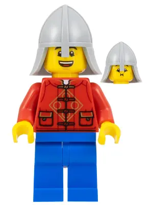 Lunar New Year Parade Participant - Male, Red Tang Shirt, Blue Legs, Castle Guard Helmet with Neck P