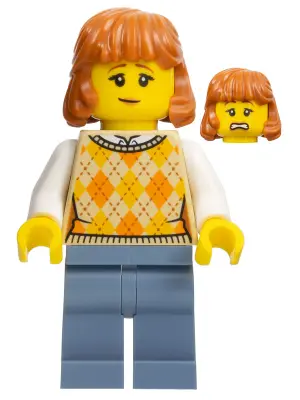 Lunar New Year Parade Spectator - Female, Tan Knit Argyle Sweater Vest, Sand Blue Legs, Dark Orange 