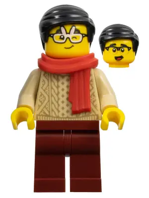 Lunar New Year Parade Spectator - Male, Red Scarf, Tan Sweater, Dark Red Legs, Black Hair, Rabbit Gl