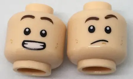 Light Nougat Minifigure, Head Dual Sided Dark Brown Eyebrows, Dark Orange Dimples, Confused / Smile 