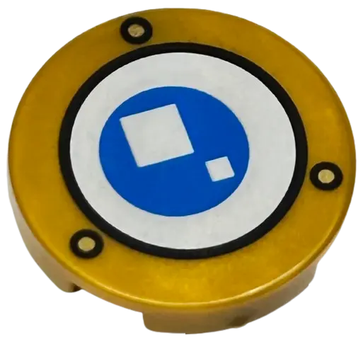 Pearl Gold Tile, Round 2 x 2 with Bottom Stud Holder with Blue and White Eye with Black Border and 3