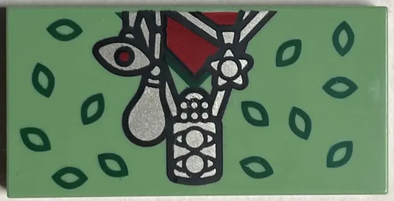 Sand Green Tile 2 x 4 with Dark Green Leaves, Dark Red Shirt, and Silver Necklaces Pattern (BrickHea