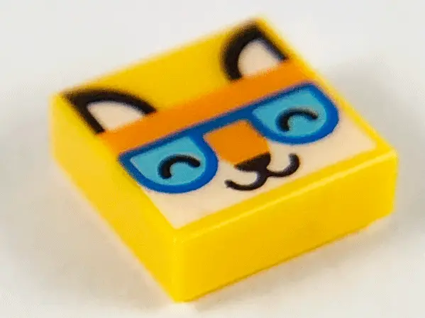 Bright Light Orange Tile 1 x 1 with Orange Fox Head, Closed Eyes and Blue and Medium Azure Glasses P