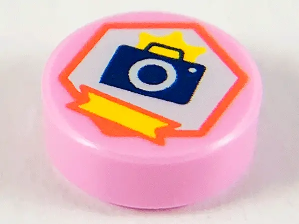 Bright Pink Tile, Round 1 x 1 with Dark Blue Camera, Yellow Flash and Ribbon on White Hexagon with C