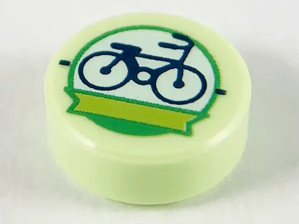 Yellowish Green Tile, Round 1 x 1 with Dark Blue Bicycle and Lime Ribbon in White Circle with Bright