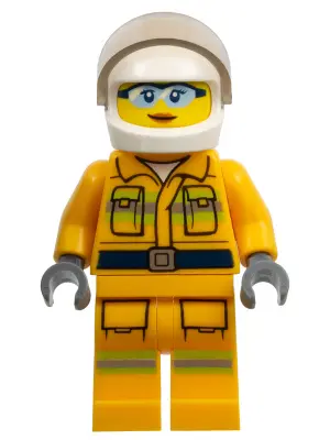 Fire - Reflective Stripes, Bright Light Orange Suit, White Helmet, Safety Glasses, Peach Lips Closed