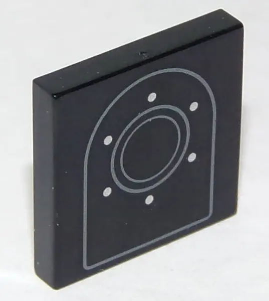 Black Tile 2 x 2 with Arch Outline, Two Circles and Six Rivets Pattern