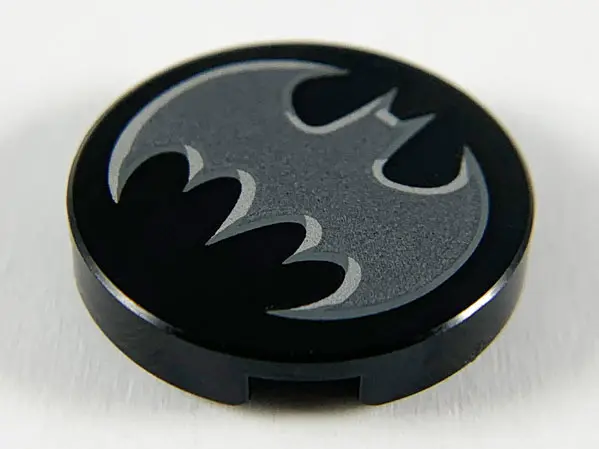 Black Tile, Round 2 x 2 with Bottom Stud Holder with Dark Silver Bat with Silver Edges Batman Logo P
