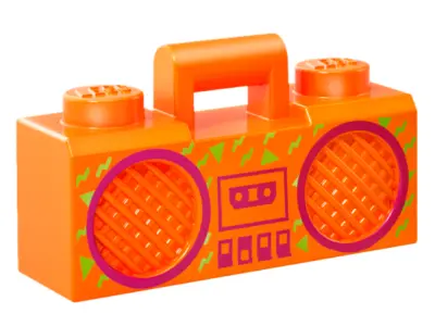 Orange Minifigure, Utensil Radio Boom Box with Bar Handle with Magenta Cassette Player, Switches and