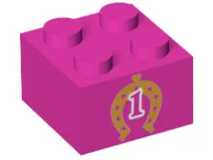 Dark Pink Brick 2 x 2 with Gold Horseshoe with Hearts and White Number 1 Outline Pattern