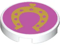 White Tile, Round 2 x 2 with Bottom Stud Holder with Gold Horseshoe with Hearts on Dark Pink Backgro
