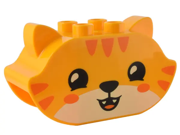 Bright Light Orange Duplo, Brick 2 x 5 x 2 1/2 Pointed Ends, Ears on Sides with Black Eyes and Nose,