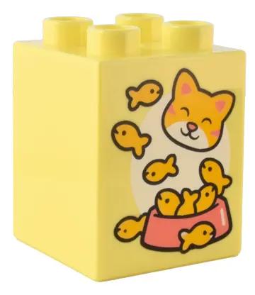 Bright Light Yellow Duplo, Brick 2 x 2 x 2 with Bright Light Orange, Coral, and White Kitten Face, F