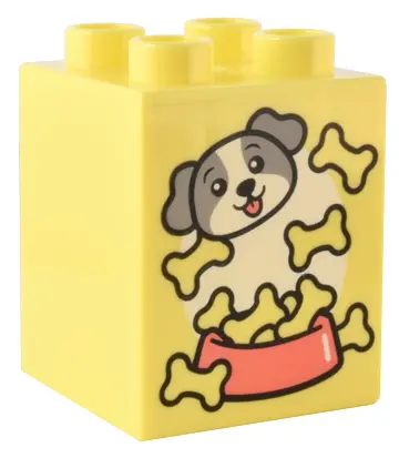 Bright Light Yellow Duplo, Brick 2 x 2 x 2 with Light Bluish Gray and White Puppy Face, Coral Food B