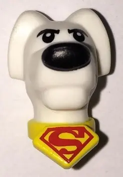 White Dog Head with Black Eyes and Nose and Yellow Collar with Red Superman Logo Pattern (Krypto the