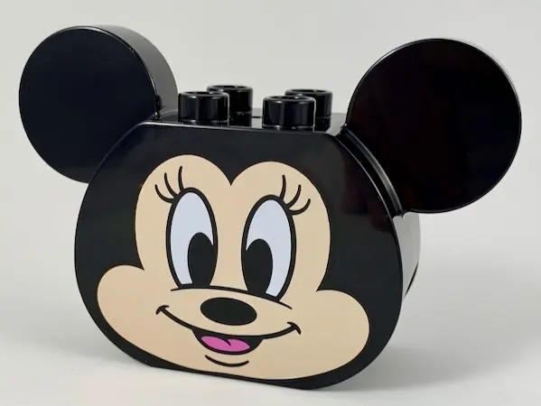 Black Duplo, Brick 2 x 4 x 2 Rounded Ends and Mouse Ears, Light Nougat Minnie Mouse Face Pattern