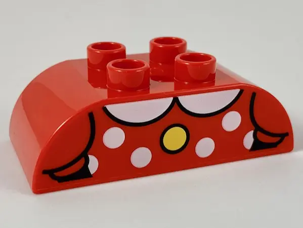 Red Duplo, Brick 2 x 4 Slope Curved Double with Yellow Button and White Collar and Polka Dots Patter