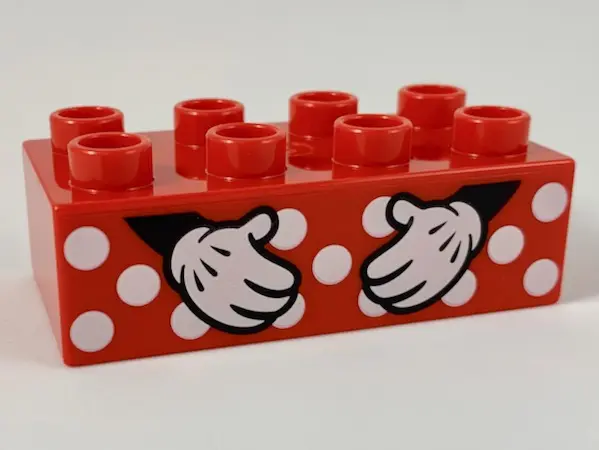 Red Duplo, Brick 2 x 4 with White Polka Dots and Minnie Mouse Hands Pattern