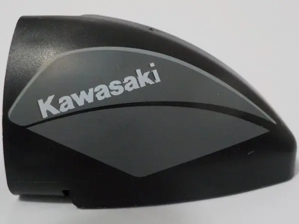 Black Technic, Panel Curved 5 x 3 x 2 Corner Quarter Ellipse, Left with White 'Kawasaki' on Dark Blu