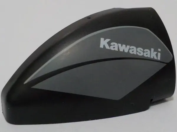 Black Technic, Panel Curved 5 x 3 x 2 Corner Quarter Ellipse, Right with White 'Kawasaki' on Dark Bl