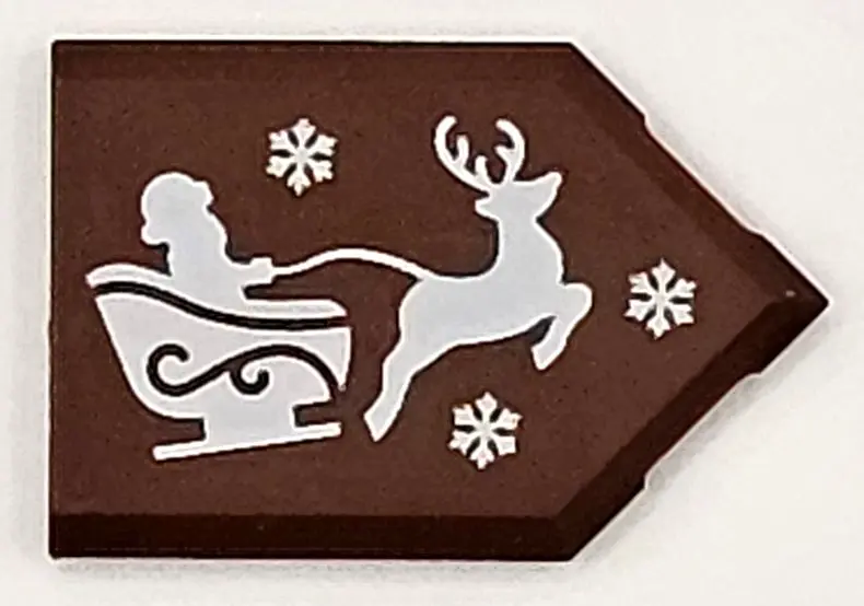 Reddish Brown Tile, Modified 2 x 3 Pentagonal with White Santa, Sleigh, Reindeer and Snowflakes Patt