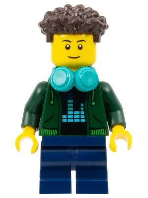 Video Game Player - Male, Dark Green Hoodie, Dark Blue Medium Legs, Dark Brown Coiled Hair, Dark Tur